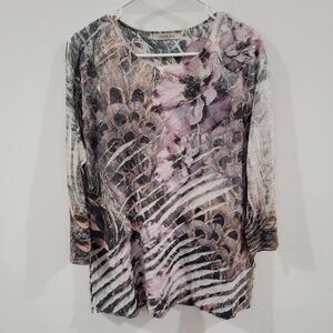 Jess And Jane Womens Top Size XL Artsy Abstract Floral Peacock Print Ruffle